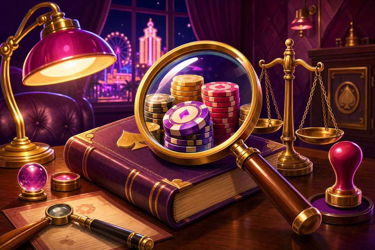Cartoon detective desk with a magnifying glass over casino chips
