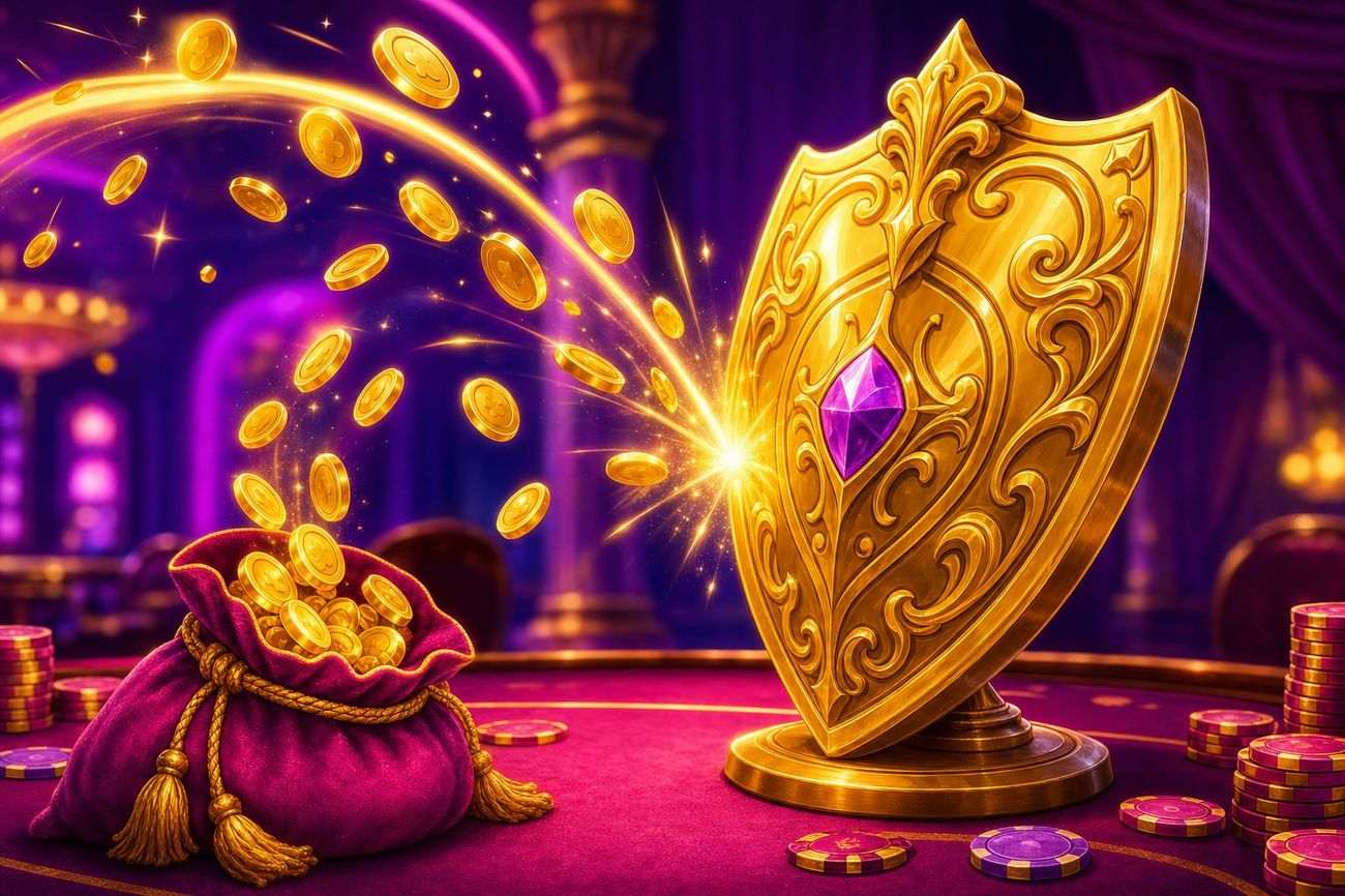 Cartoon golden shield bouncing coins back into a velvet pouch